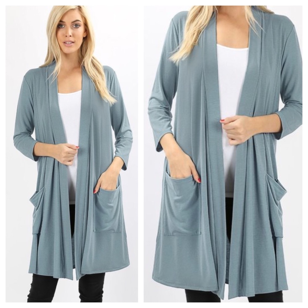 Blue Grey Basic Pocket Cardigan